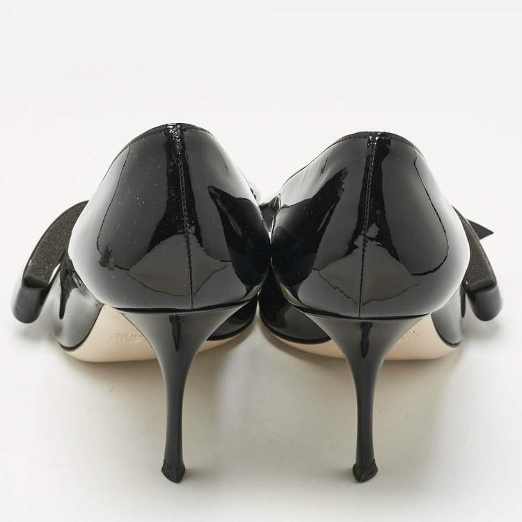 Pre Owned Miu Miu Black Patent Leather Bow Peep Toe Pumps Size 39