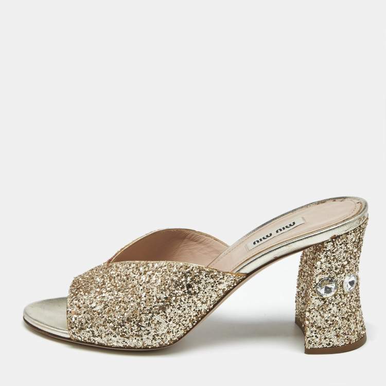 Pre Owned Miu Miu Gold Glitter and Leather Slide Block Heel Sandals Size 38
