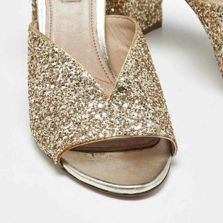 Pre Owned Miu Miu Gold Glitter and Leather Slide Block Heel Sandals Size 38