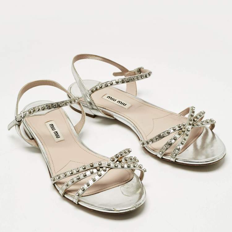 Pre Owned Miu Miu Silver Patent Leather Crystals Embellished Flat Sandals Size 38.5