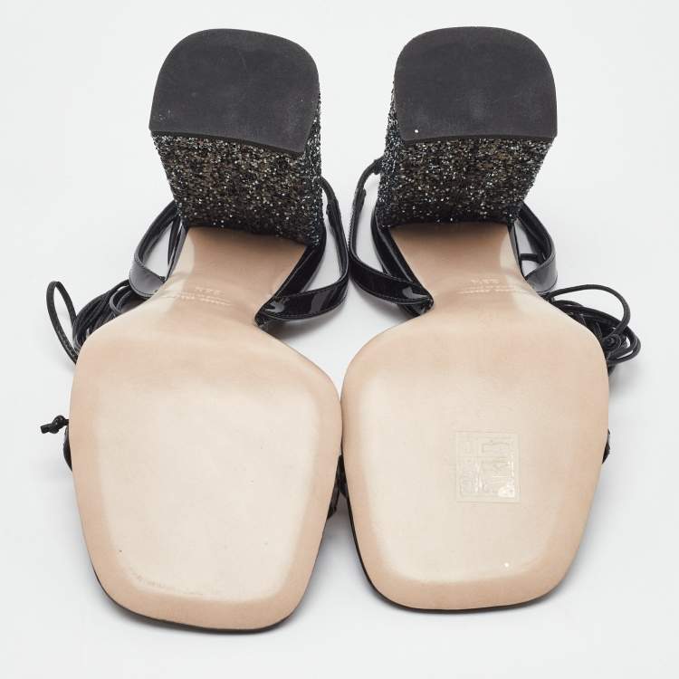 Pre Owned Miu Miu Black Patent Leather and Glitter Block Heel Ankle Wrap Sandals Size 38.5