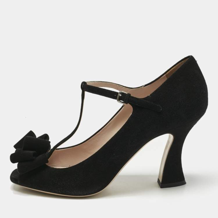 Pre Owned Miu Miu Black Suede Bow T Strap Peep Toe Pumps Size 40