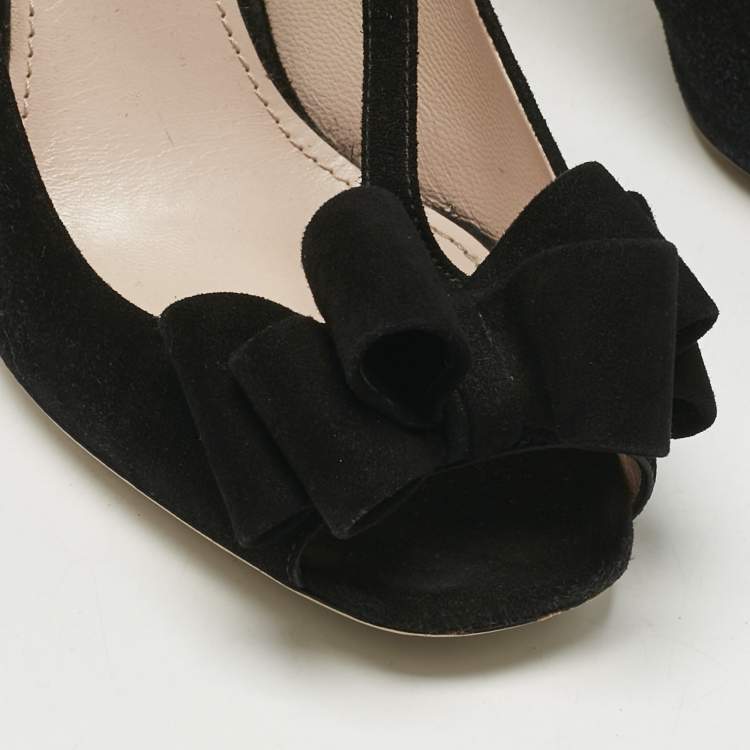 Pre Owned Miu Miu Black Suede Bow T Strap Peep Toe Pumps Size 40
