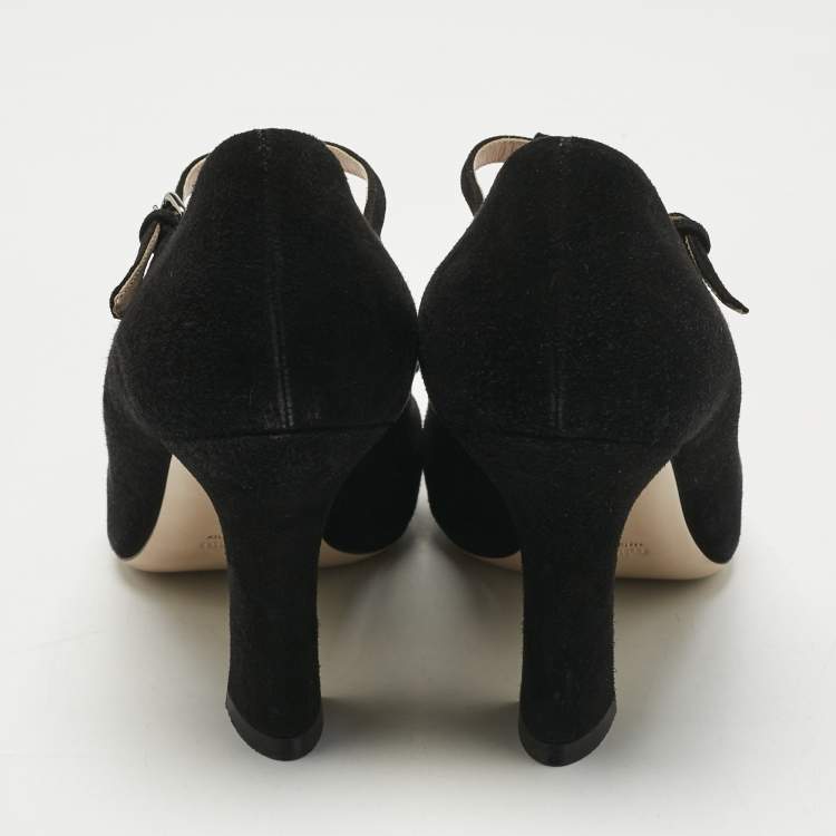 Pre Owned Miu Miu Black Suede Bow T Strap Peep Toe Pumps Size 40
