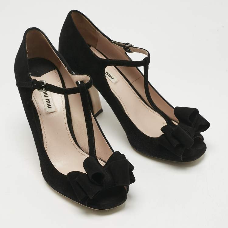 Pre Owned Miu Miu Black Suede Bow T Strap Peep Toe Pumps Size 40