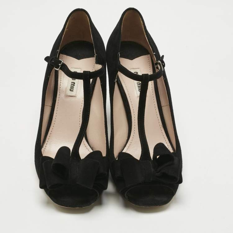 Pre Owned Miu Miu Black Suede Bow T Strap Peep Toe Pumps Size 40