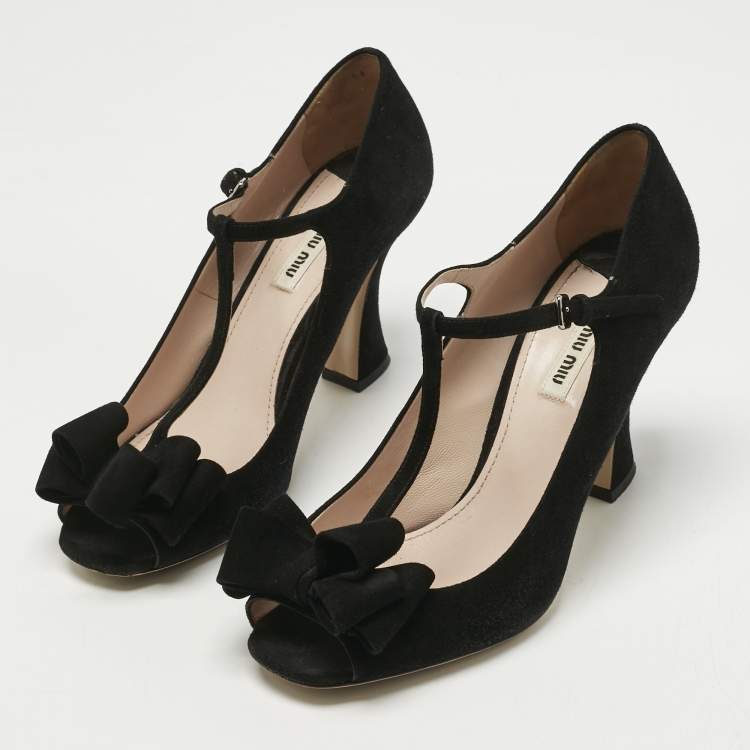 Pre Owned Miu Miu Black Suede Bow T Strap Peep Toe Pumps Size 40