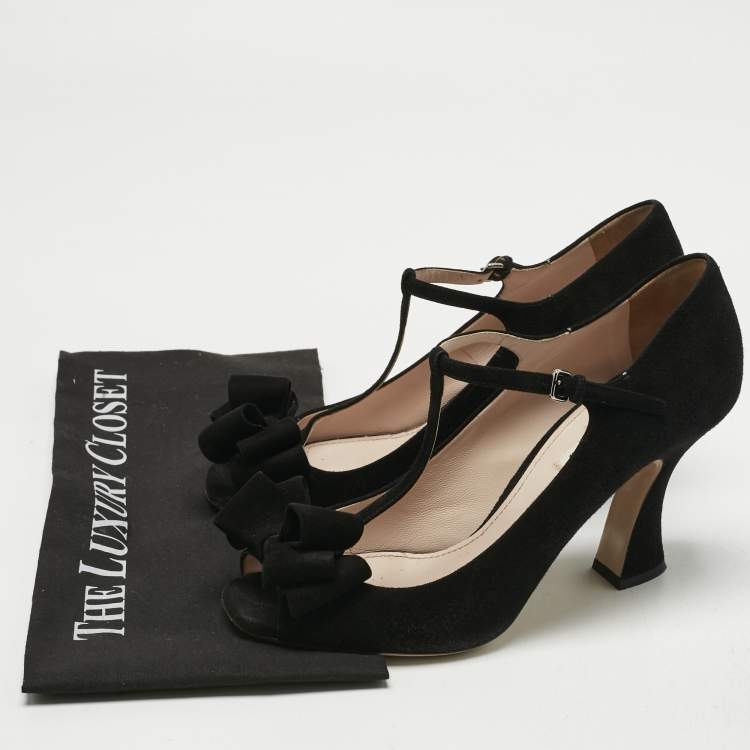 Pre Owned Miu Miu Black Suede Bow T Strap Peep Toe Pumps Size 40