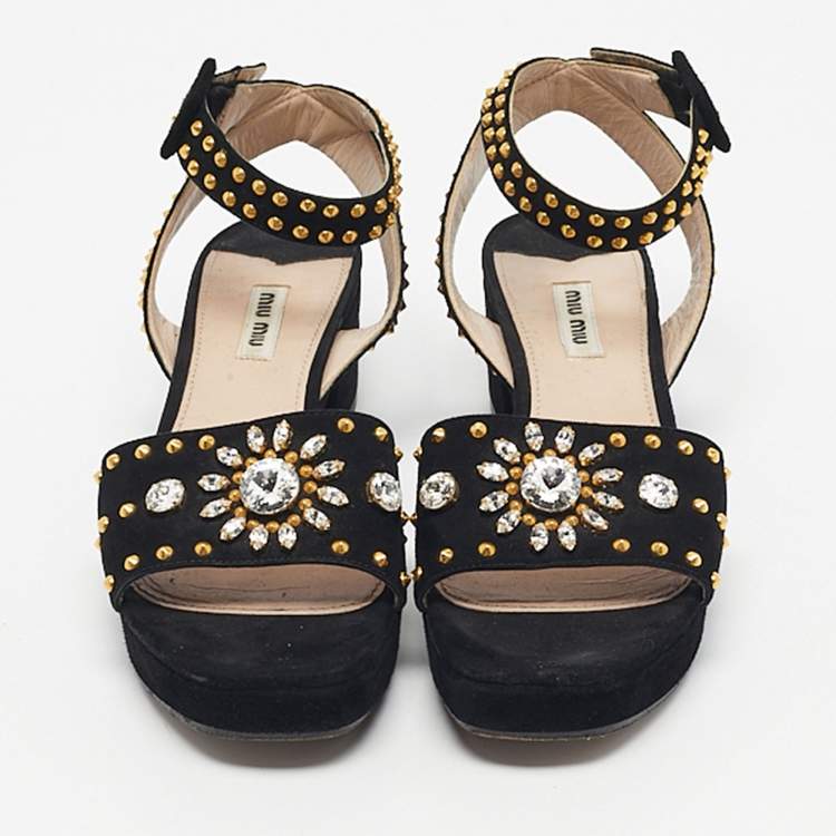 Pre Owned Miu Miu Black Suede Crystal Embellished Ankle Strap Sandals Size 40