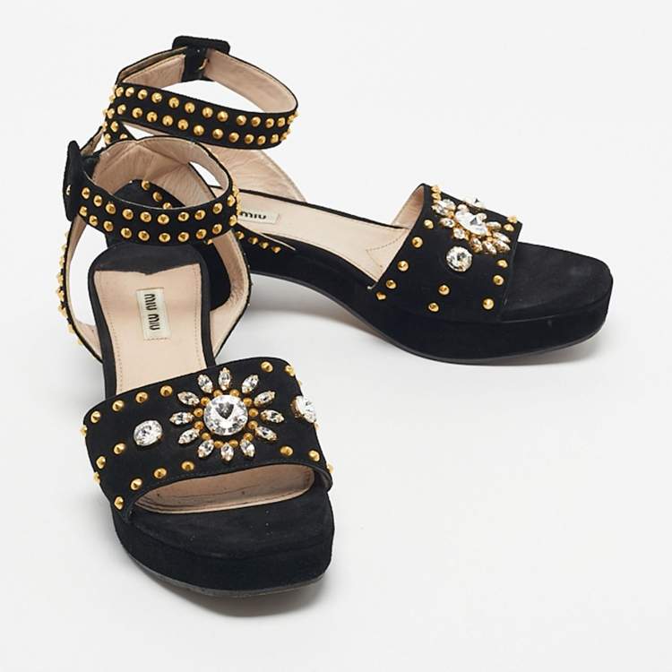 Pre Owned Miu Miu Black Suede Crystal Embellished Ankle Strap Sandals Size 40