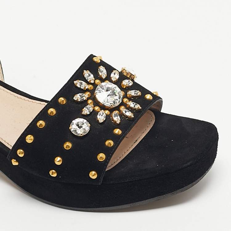 Pre Owned Miu Miu Black Suede Crystal Embellished Ankle Strap Sandals Size 40