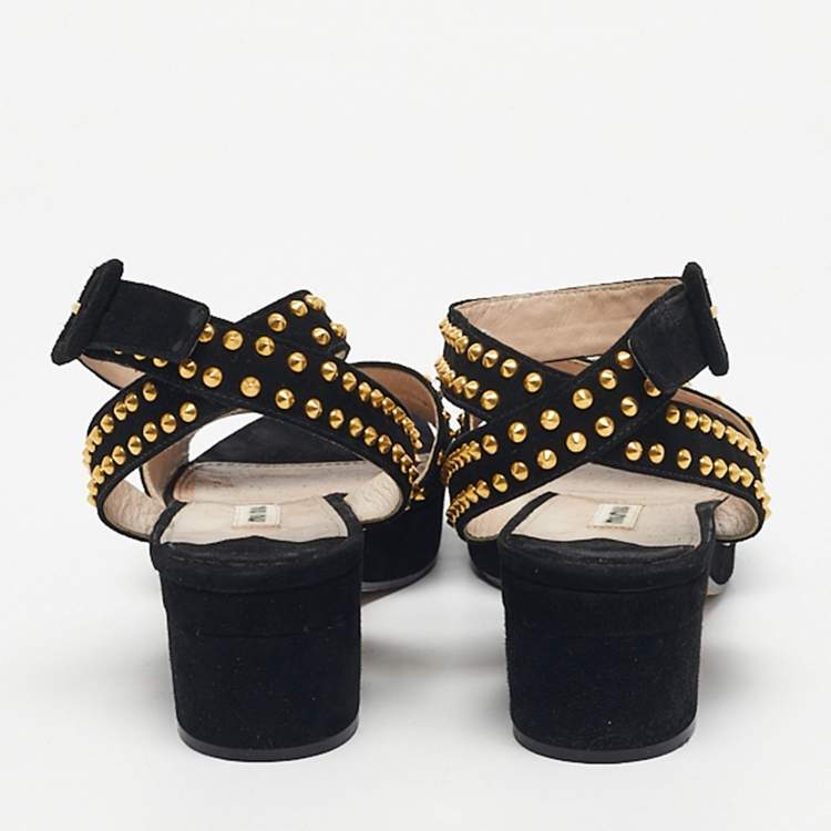 Pre Owned Miu Miu Black Suede Crystal Embellished Ankle Strap Sandals Size 40