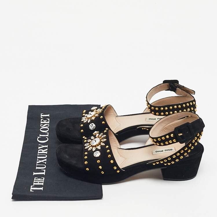 Pre Owned Miu Miu Black Suede Crystal Embellished Ankle Strap Sandals Size 40