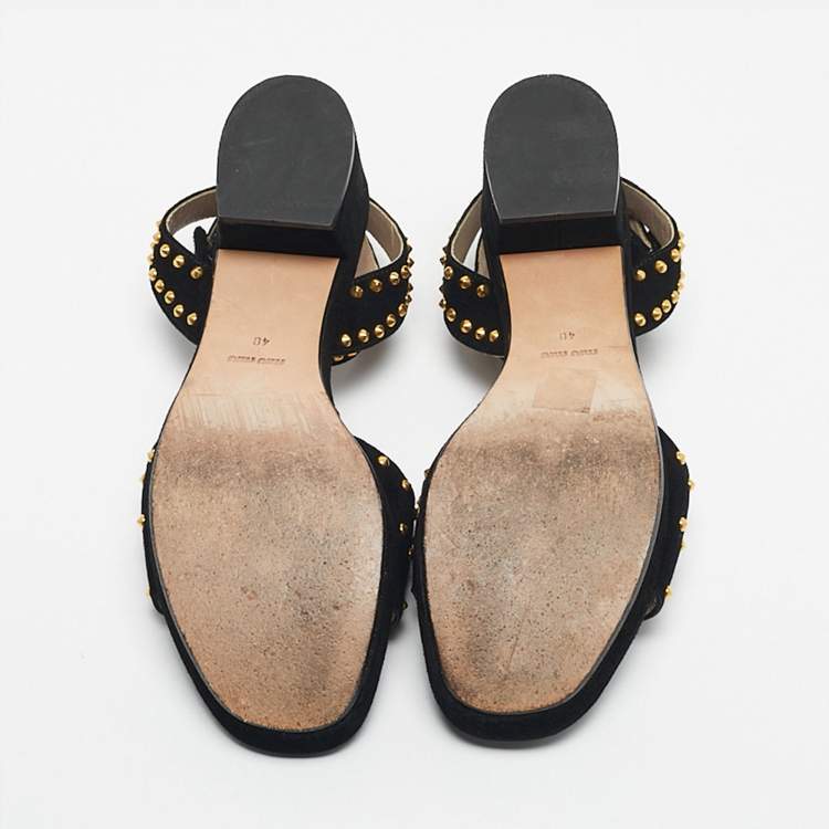 Pre Owned Miu Miu Black Suede Crystal Embellished Ankle Strap Sandals Size 40