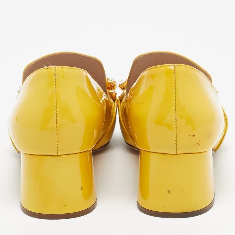 Pre Owned Miu Miu Yellow Patent Leather Crystal Embellished Pumps Size 39.5