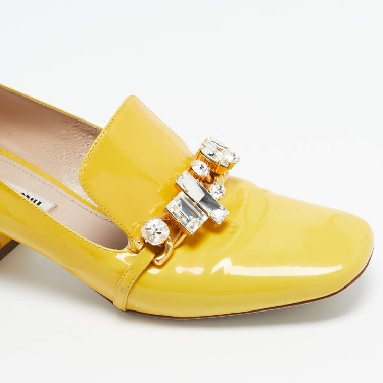 Pre Owned Miu Miu Yellow Patent Leather Crystal Embellished Pumps Size 39.5