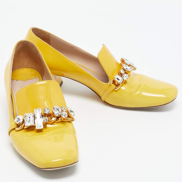 Pre Owned Miu Miu Yellow Patent Leather Crystal Embellished Pumps Size 39.5