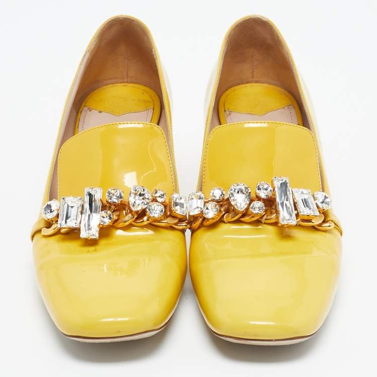 Pre Owned Miu Miu Yellow Patent Leather Crystal Embellished Pumps Size 39.5