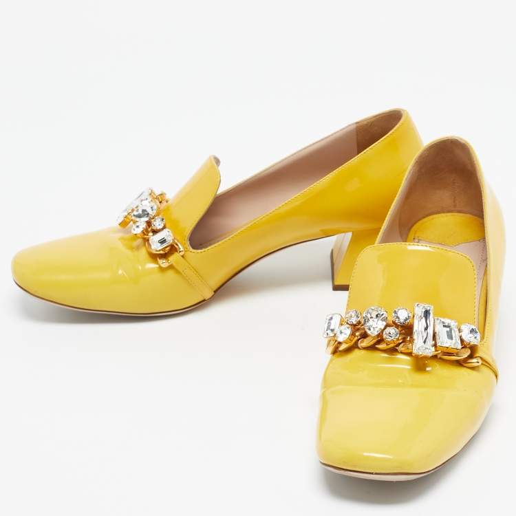 Pre Owned Miu Miu Yellow Patent Leather Crystal Embellished Pumps Size 39.5
