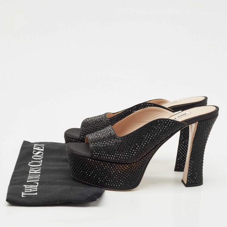 Pre Owned Miu Miu Black Satin Crystals Platform Sandals Size 38