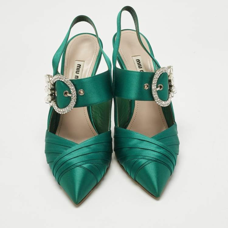 Pre Owned Miu Miu Green Satin Crystal Embellished Donna Slingback Pumps Size 37
