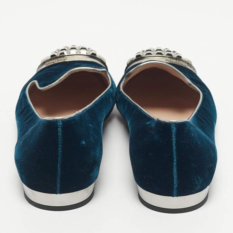 Pre Owned Miu Miu Blue Velvet Crystal Embellished Cap Toe Smoking Slippers Size 38