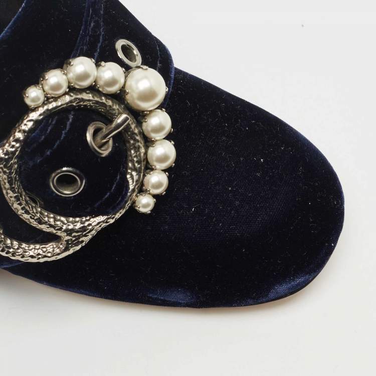Pre Owned Miu Miu Navy Blue Velvet Pearl Embellished Block Heel Pumps Size 39