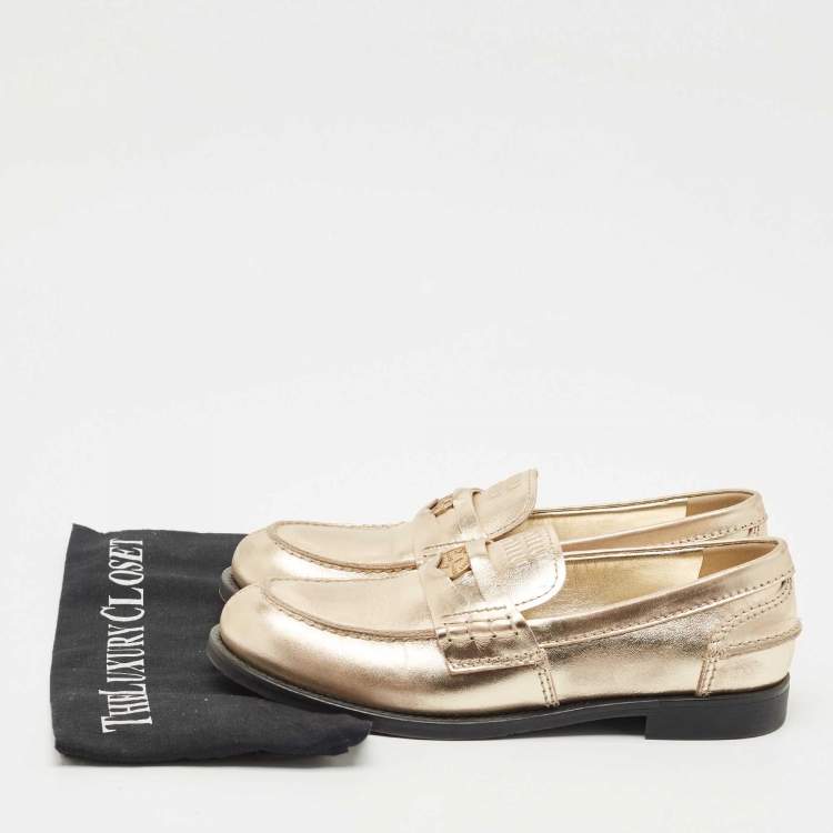Pre Owned Miu Miu Gold Leather Penny Loafers Size 38.5