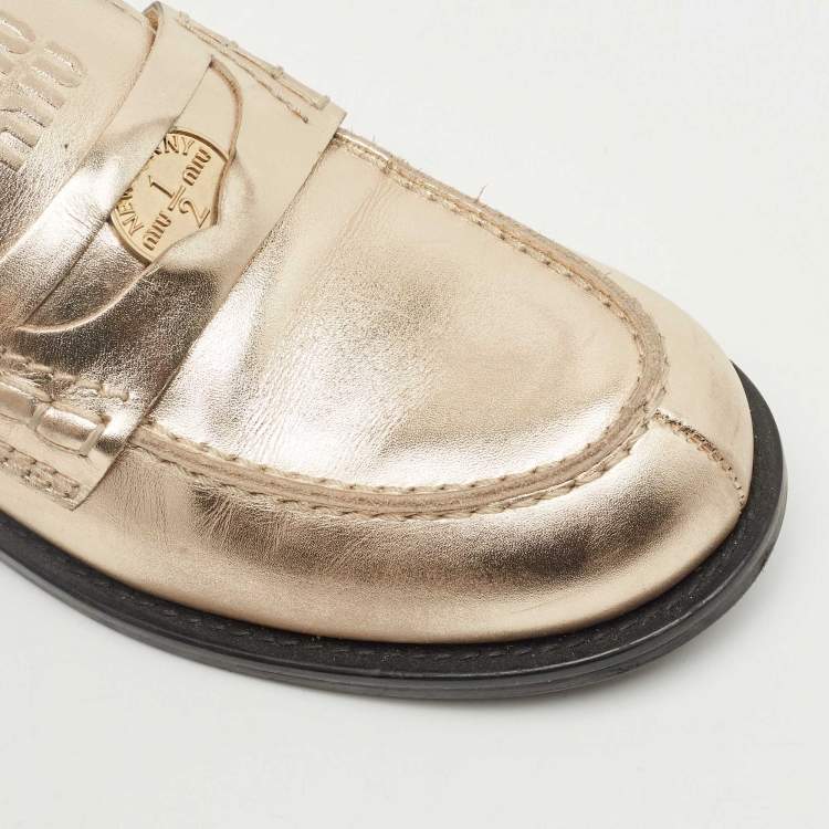 Pre Owned Miu Miu Gold Leather Penny Loafers Size 38.5