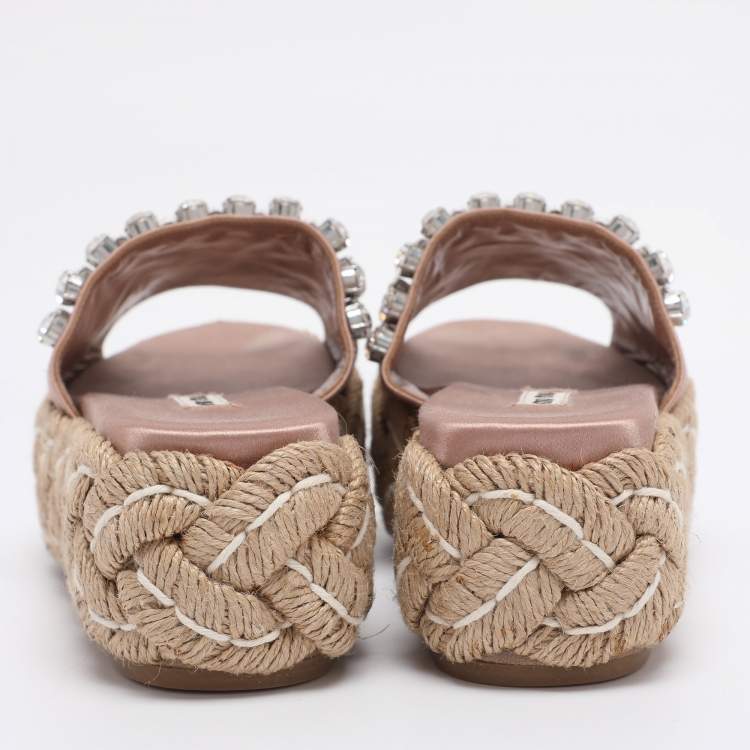 Pre Owned Miu Miu Beige Satin Espadrille Platform Slide Sandals Size 38