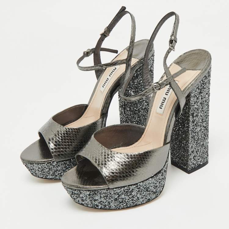 Pre Owned Miu Miu Silver Glitter and Snakeskin Embossed Leather Ankle Strap Sandals Size 36
