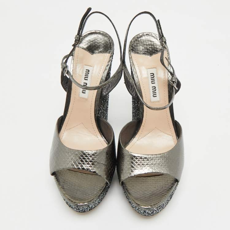 Pre Owned Miu Miu Silver Glitter and Snakeskin Embossed Leather Ankle Strap Sandals Size 36