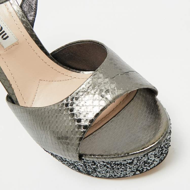 Pre Owned Miu Miu Silver Glitter and Snakeskin Embossed Leather Ankle Strap Sandals Size 36