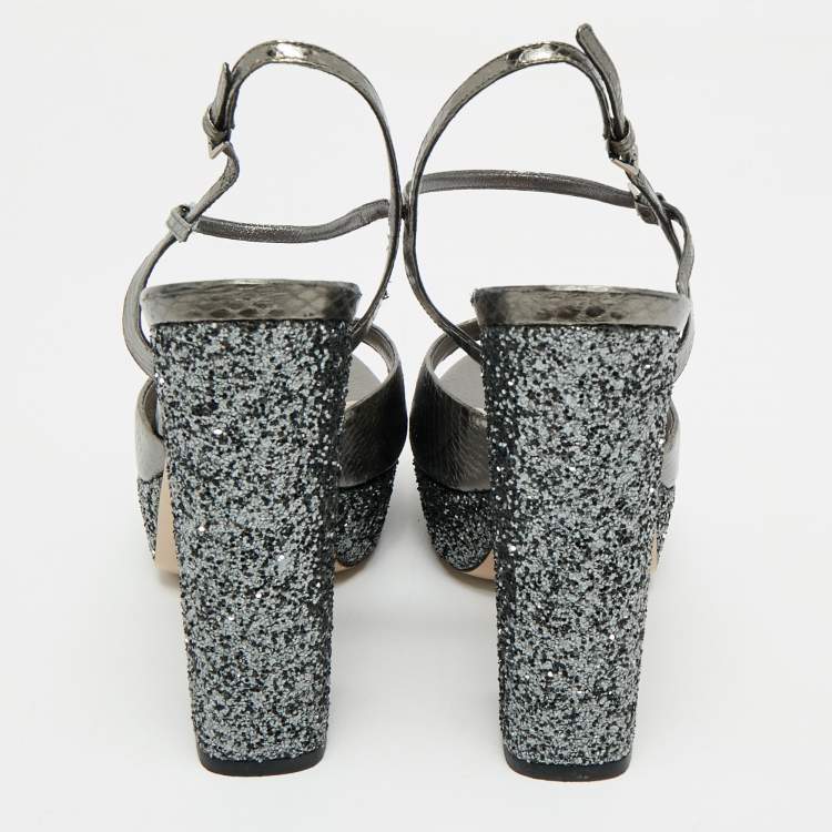 Pre Owned Miu Miu Silver Glitter and Snakeskin Embossed Leather Ankle Strap Sandals Size 36