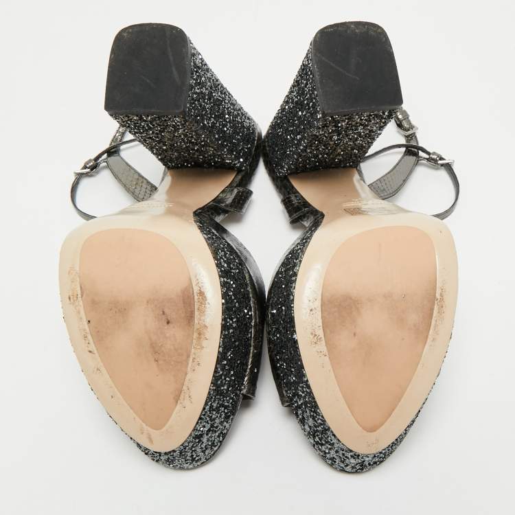 Pre Owned Miu Miu Silver Glitter and Snakeskin Embossed Leather Ankle Strap Sandals Size 36
