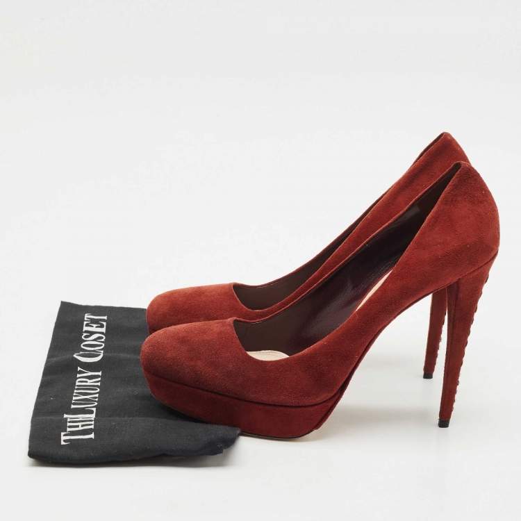 Pre Owned Miu Miu Burgundy Suede Platform Crystal Embellished Heel Pumps Size 40