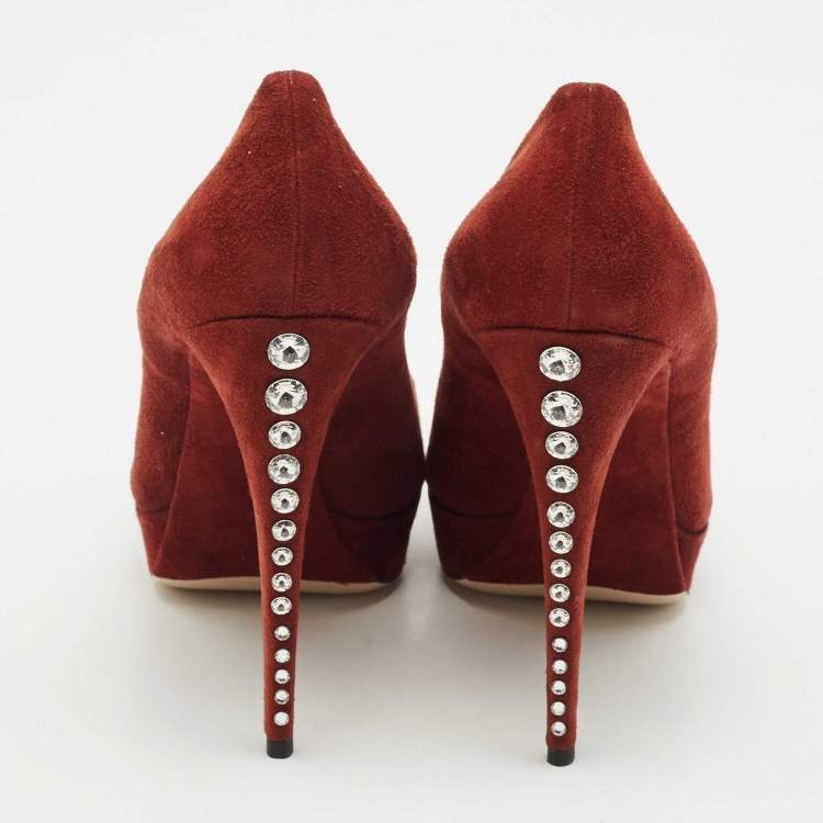 Pre Owned Miu Miu Burgundy Suede Platform Crystal Embellished Heel Pumps Size 40