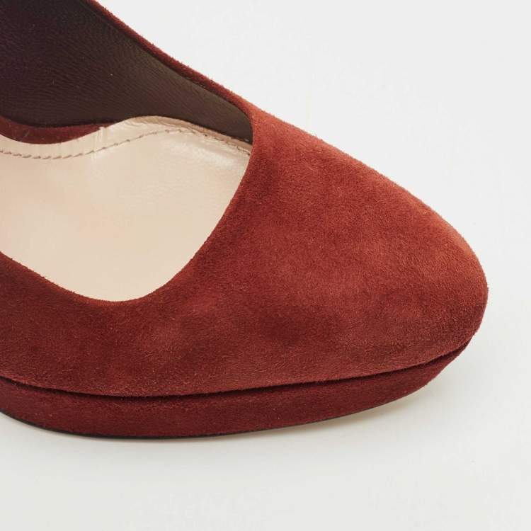 Pre Owned Miu Miu Burgundy Suede Platform Crystal Embellished Heel Pumps Size 40