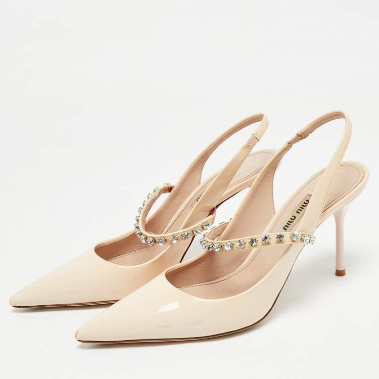 Pre Owned Miu Miu Beige Patent Leather Crystals Embellished Slingback Pointed Toe Pumps Size 37