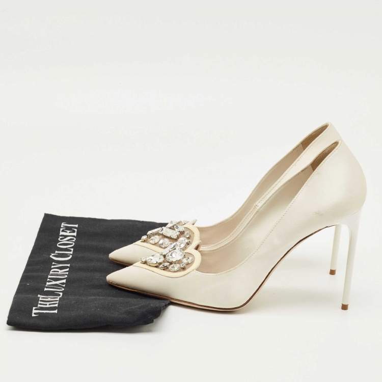 Pre Owned Miu Miu Cream Satin Crystals Embellished Pointed Toe Pumps Size 36