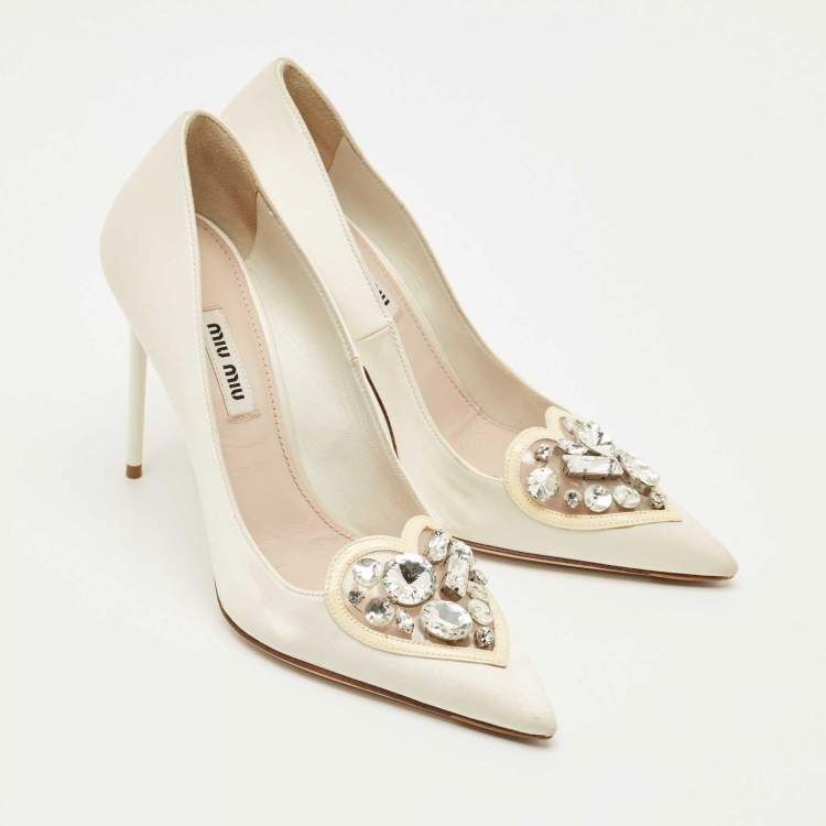 Pre Owned Miu Miu Cream Satin Crystals Embellished Pointed Toe Pumps Size 36