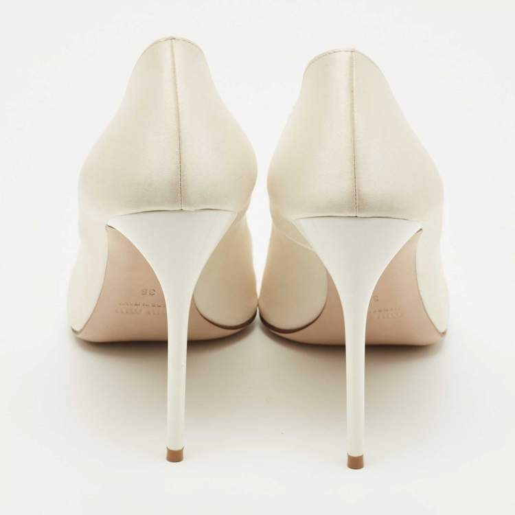 Pre Owned Miu Miu Cream Satin Crystals Embellished Pointed Toe Pumps Size 36