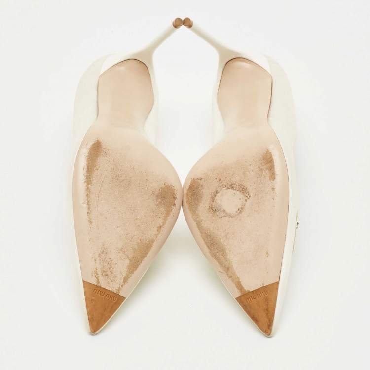 Pre Owned Miu Miu Cream Satin Crystals Embellished Pointed Toe Pumps Size 36