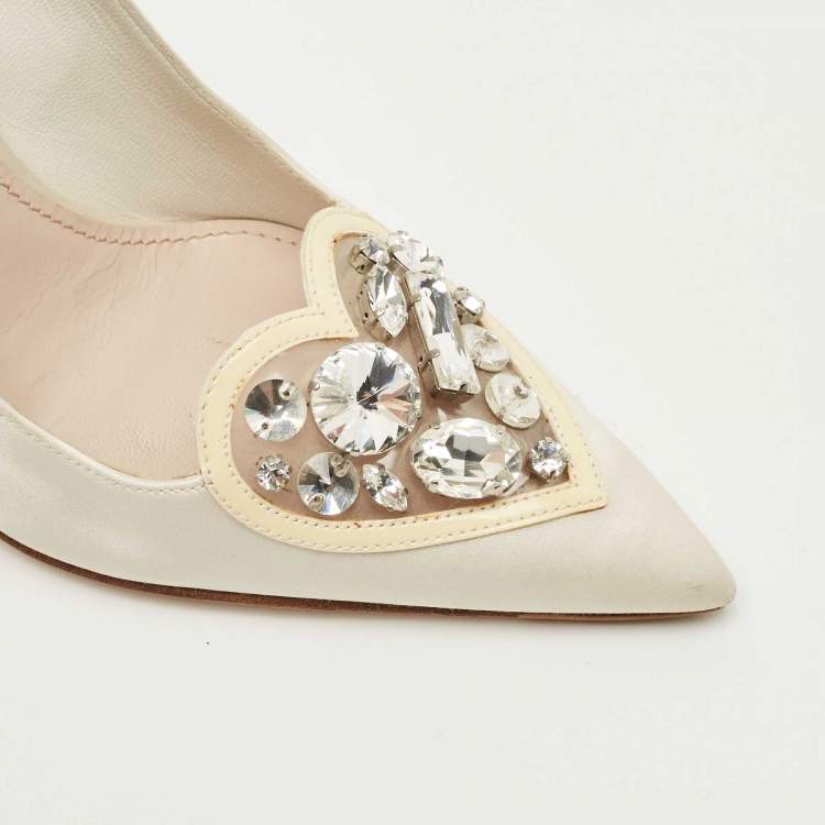 Pre Owned Miu Miu Cream Satin Crystals Embellished Pointed Toe Pumps Size 36