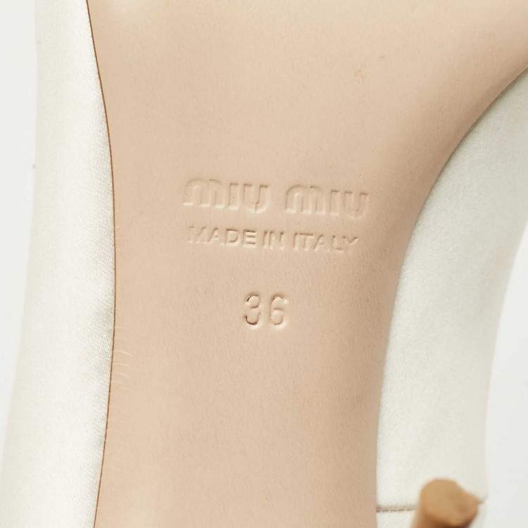 Pre Owned Miu Miu Cream Satin Crystals Embellished Pointed Toe Pumps Size 36