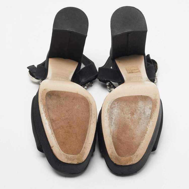 Pre Owned Miu Miu Black Satin Crystal Embellished Platform Ankle-Strap Sandals Size 39