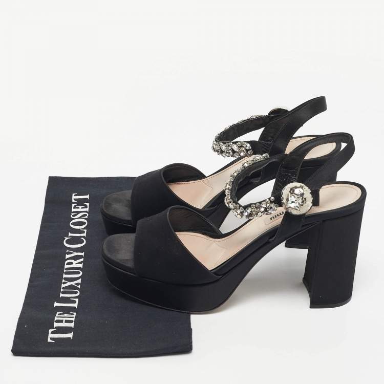 Pre Owned Miu Miu Black Satin Crystal Embellished Platform Ankle-Strap Sandals Size 39