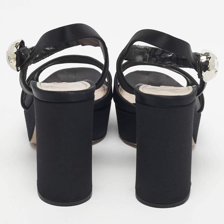 Pre Owned Miu Miu Black Satin Crystal Embellished Platform Ankle-Strap Sandals Size 39