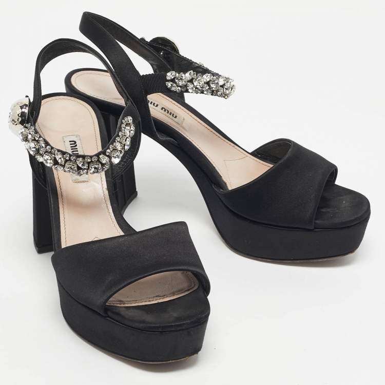 Pre Owned Miu Miu Black Satin Crystal Embellished Platform Ankle-Strap Sandals Size 39