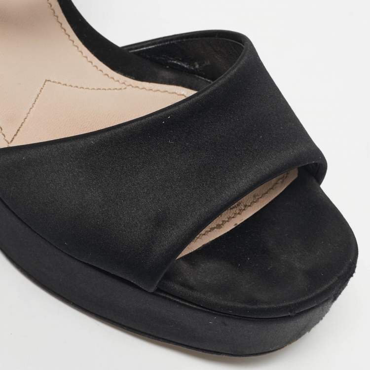 Pre Owned Miu Miu Black Satin Crystal Embellished Platform Ankle-Strap Sandals Size 39